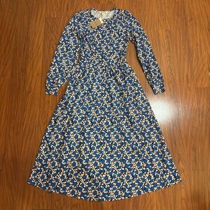 NWT Boden Alexandra Jersey Midi Dress Long Sleeve Blue White Floral Womens 0R